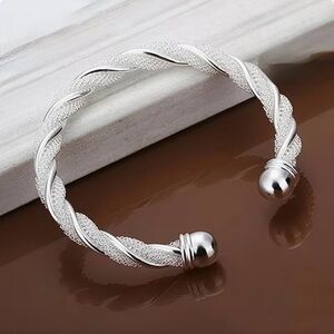 S925 Sterling Silver Twisted Mesh Cuff Bracelet | Adjustable Open Bangle